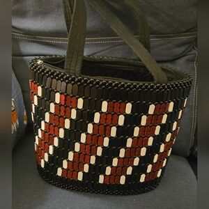 Stylish Black Brown And White Wood Beaded Tote Bag